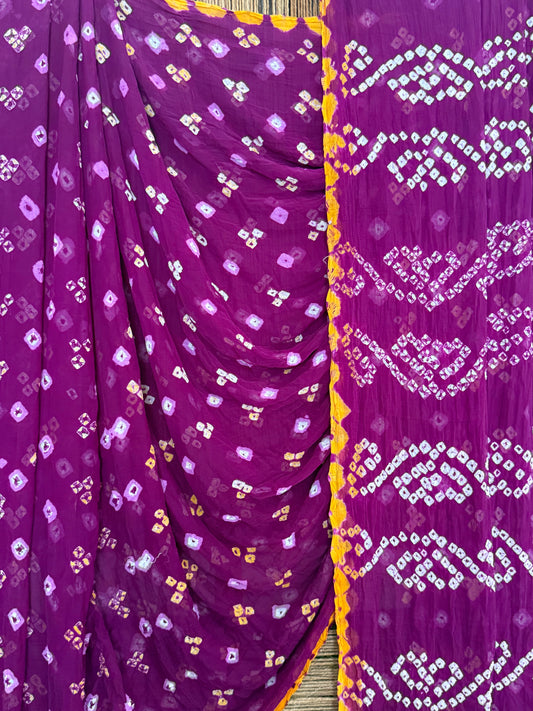Mulberry Purple Bandhani handcrafted  chiffon sari