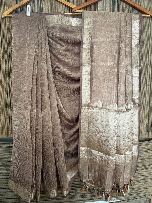 SADDLE BROWN BANARASI ZARI CRUSHED TISSUE SARI