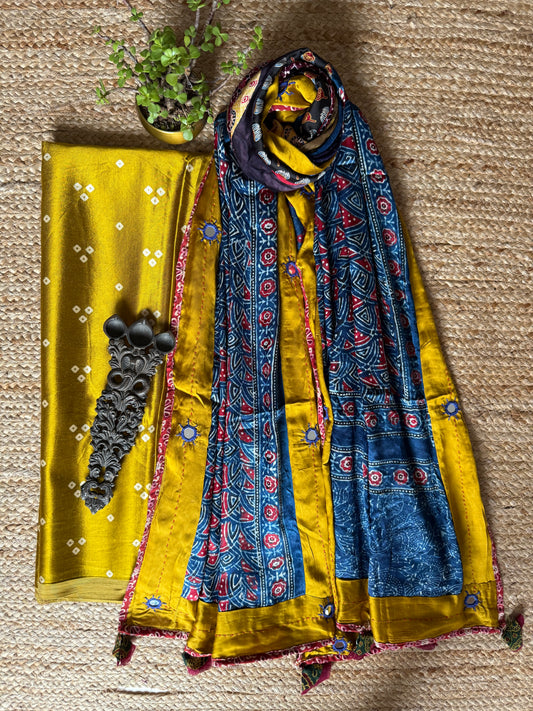 MUSTARD YELLOW MASHRU SILK KURTA WITH AJRAKH PATCHWORK  HANDCRAFTED  MODAL SILK DUPATTA PWK-19