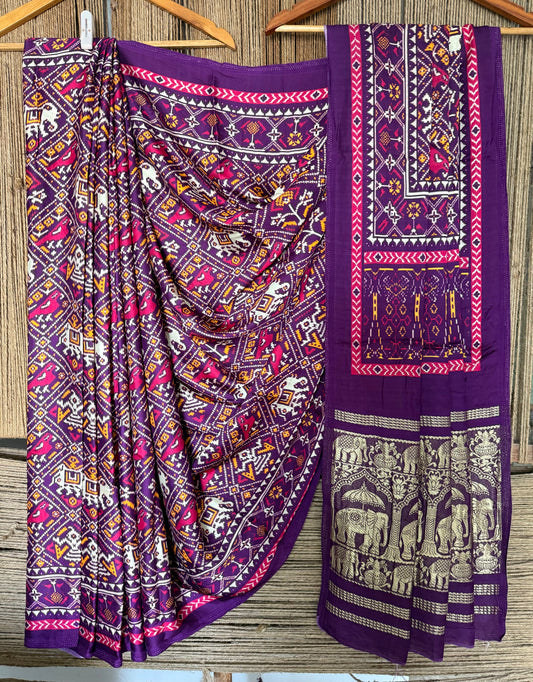 PURPLE  MODAL SILK PATOLA PRINT SARI WITH ZARI BORDER PMS-