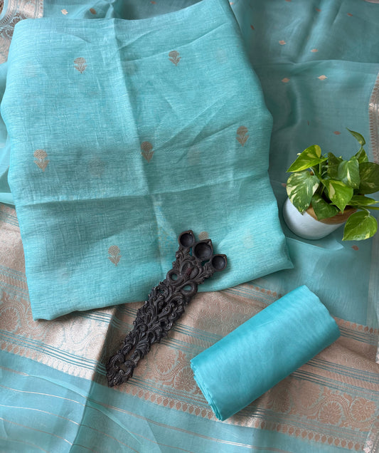 Pistachio green Linen  handloom banarsi kadwa booti meenakari three piece suit