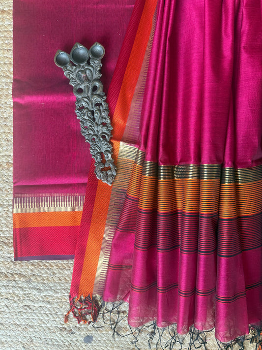 JAZZBERRY JAM PINK MAHESHARI BORDER SILK HANDLOOM KURTA SET