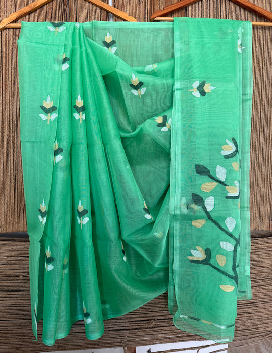Green jamdani handwoven pure muslin silk sari