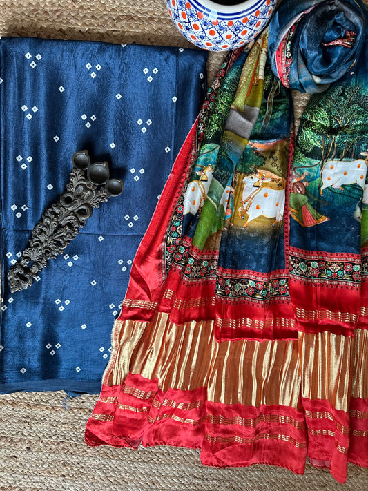 NAVY BLUE MASHRU SILK KURTA WITH PATOLA PRINT MODAL SILK DUPATTAS