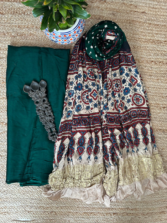 GREEN MODAL SILK KURTA WITH BANDHANI AJRAKH HANDCRAFTED MODAL SILK DUPATTA PS- 10197