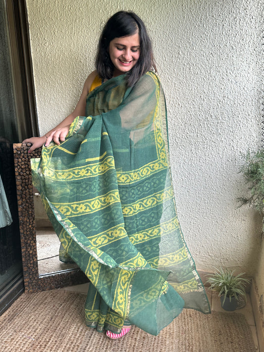 GREEN  AKOLA KOTA DORIA HANDBLOCK SARI