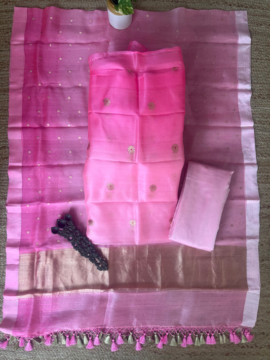 Pastel Pink Ombré Shade kora silk certified handloom banarsi kadwa booti meenakari three piece suit