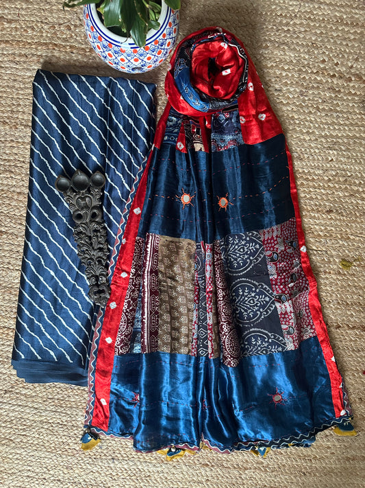 BLUE MASHRU SILK KURTA WITH AJRAKH PATCHWORK  HANDCRAFTED MODAL SILK DUPATTA PS-98
