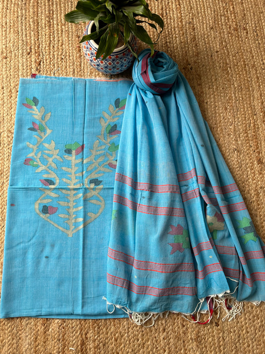 TURQUOISE BLUE JAMDANI WOVEN MULL KURTA SET