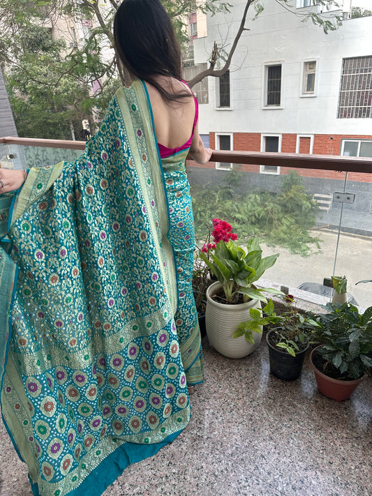 Turquoise  Blue Handwoven Neem Zari Bareek Bandhani Saree with Khaddi Georgette with Meenakari Work