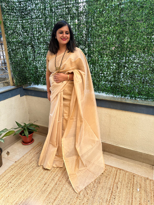 BEIGE TISSUE ZARI SARI WITH WOVEN CONTRAST BLOUSE