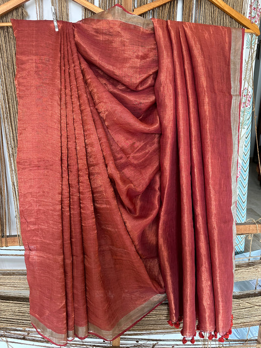 Rust Maroon Golden Metallic linen Sari with Silver woven  Border and Tassels
