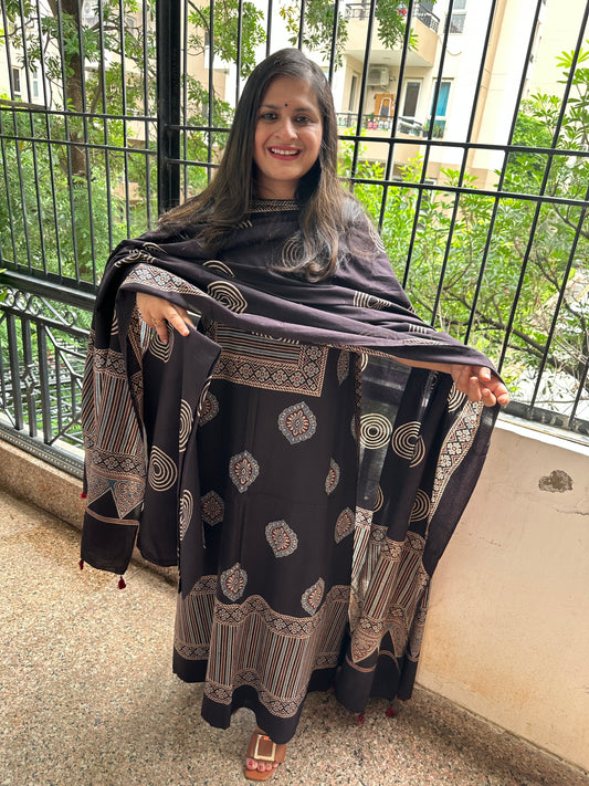 BLACK AJRAKH HANDBLOCK AND HAND CRAFTED CONTEMPORARY THREE PIECE SUIT SET