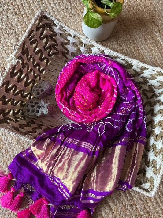 PINK & PURPLE GAJJI SILK RAI BANDHANI HANDCRAFTED DUPATTA WITH TASSELS