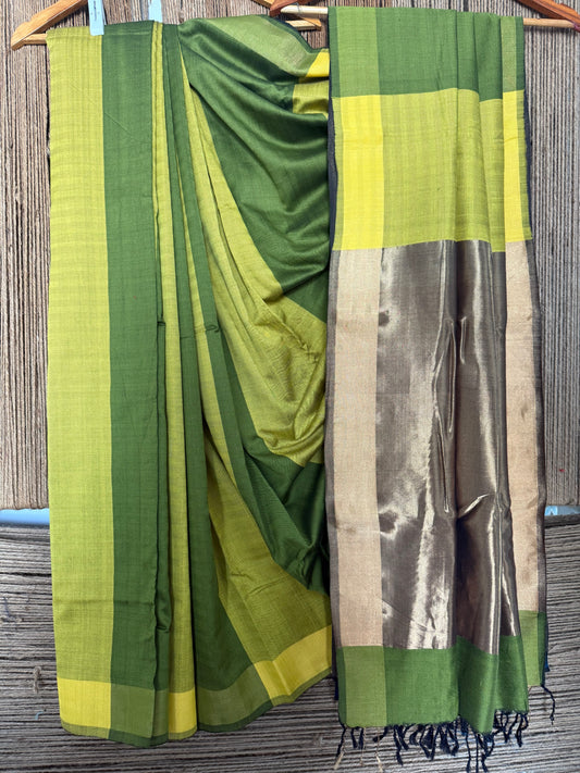 GREEN MAHESHWARI SILK HANDLOOM SARI WITH TISSUE PALLU