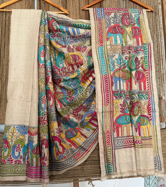NATURAL BEIGE WITH MULTI THREAD HAND EMBROIDERY KANTHA WORK TUSSAR SILK SARI