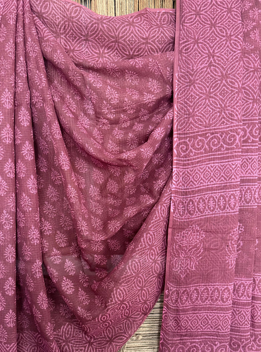 BURNT BURGUNDY KOTA DORIA HANDBLOCK SARI
