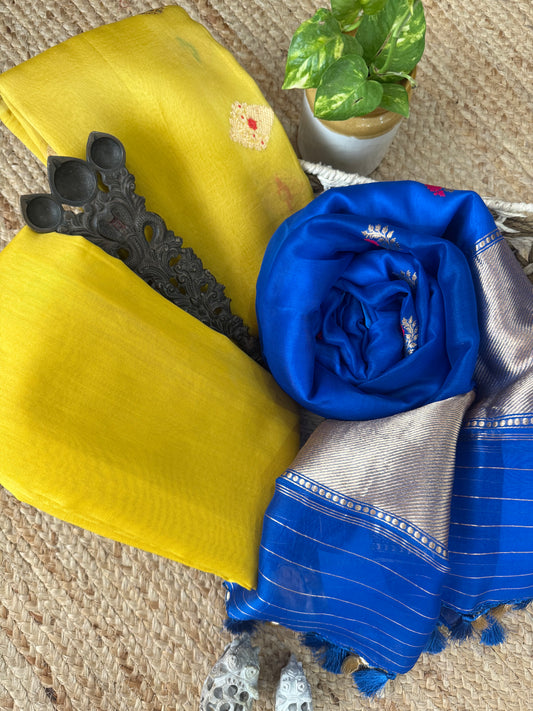 Lime Yellow kora silk certified handloom banarsi kadwa booti meenakari three piece suit