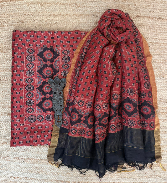 SINDOOR  AJRAKH GARDEN LINEN SILK HANDBLOCK SUIT SET AL-1014