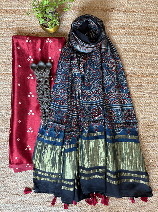 MAROON MASHRU SILK KURTA WITH AJRAKH  HANDCRAFTED MODAL SILK DUPATTA  ps-231