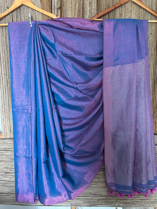 BLUE PINK TISSUE LINEN ZARI SARI WITH WOVEN RED BORDER