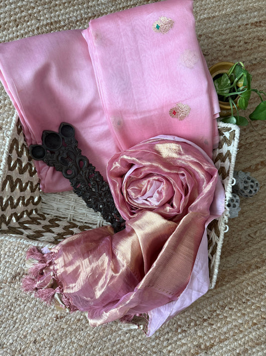 Blush Pink Kora Silk Certified Handloom Banarsi Kadwa Booti Three Piece Suit