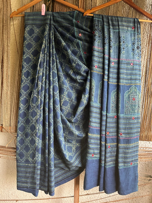 BLUE COTTON AJRAKH HANDEMBROIDERY SARI