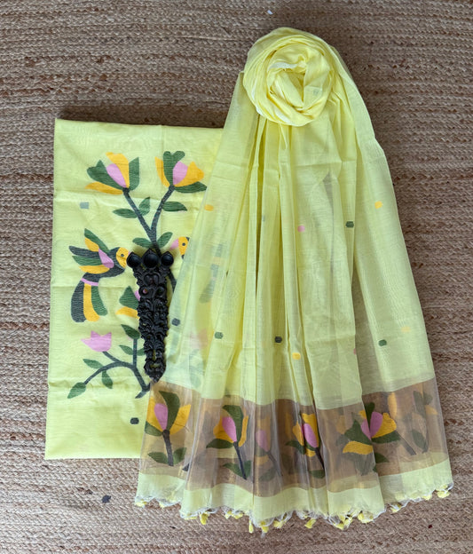 Banana Yellow handwoven jamdani pure cotton silk kurta set mjk
