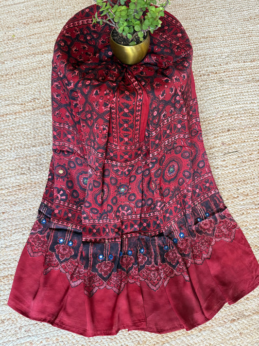 MAROON AJRAKH MODAL SILK STOLE WITH HAND EMBROIDERY MIRROR WORK