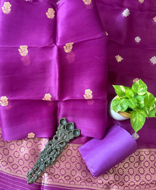Thistle Purple kora silk certified handloom banarsi kadwa booti three piece suit   cbs-58