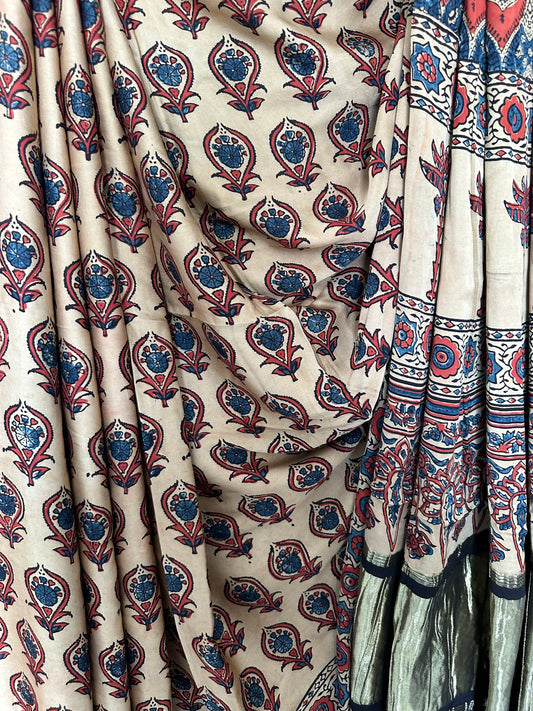 Light brown ajrakh modal silk sari with zari border