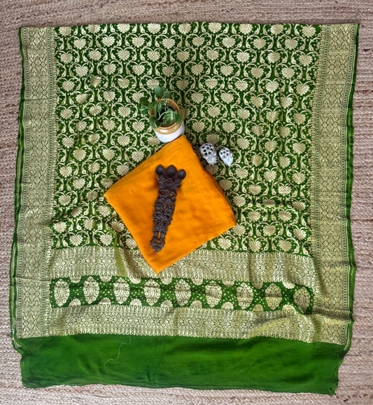 Bottle Green Handwoven Bareek Bandhani khaddi georgette dupatta with pure Gajji silk kurta