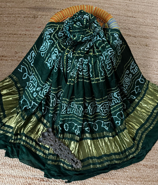 Forest Green rai bandhani gajji silk Handcrafted Gharchola dupatta