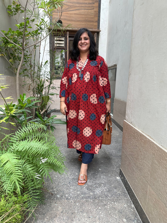 RED POLKA COTTON AJRAKH HANDCRAFTED KURTA