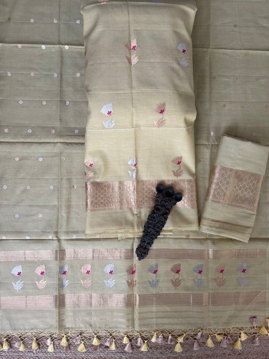 Straw Yellow mull cotton certified handloom banarsi kadwa booti three piece suit