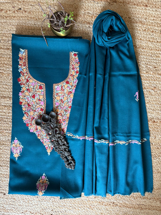 PEACOCK BLUE THREE PIECE EMBROIDERED WORK MERINO WOOL UNSTITCHED SUIT SET WITH HAND EMBROIDERY (AARI WORK / SOZNI) WS -8