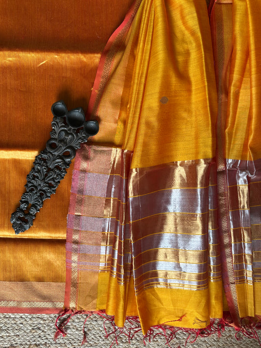 YELLOW SILVER GOLDEN  TISSUE  MAHESHARI SILK HANDLOOM KURTA SET