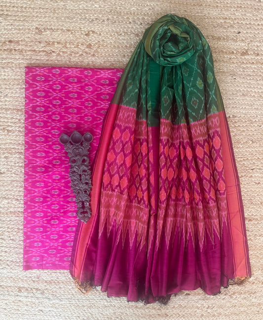 PINK IKKAT PURE SILK COTTON HANWOVEN KURTA WITH IKKAT PURE SILK PATOLA HANDWOVEN DUPATTA