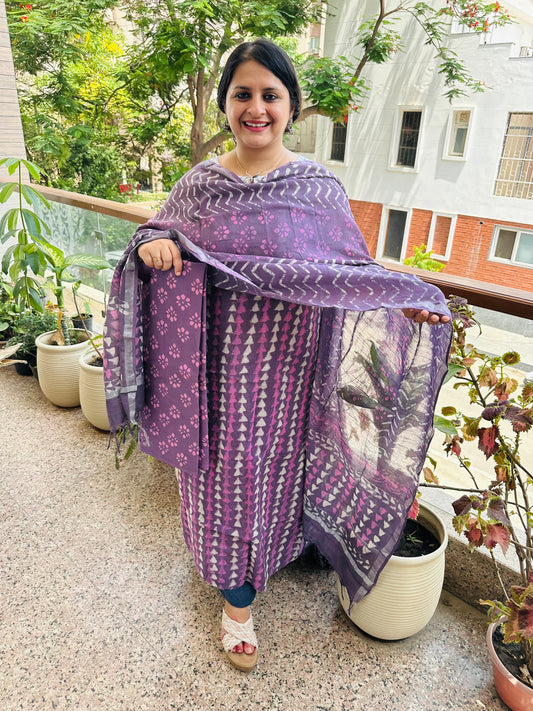 LIGHT PURPLE LINEN COTTON HANDBLOCK SUIT SET