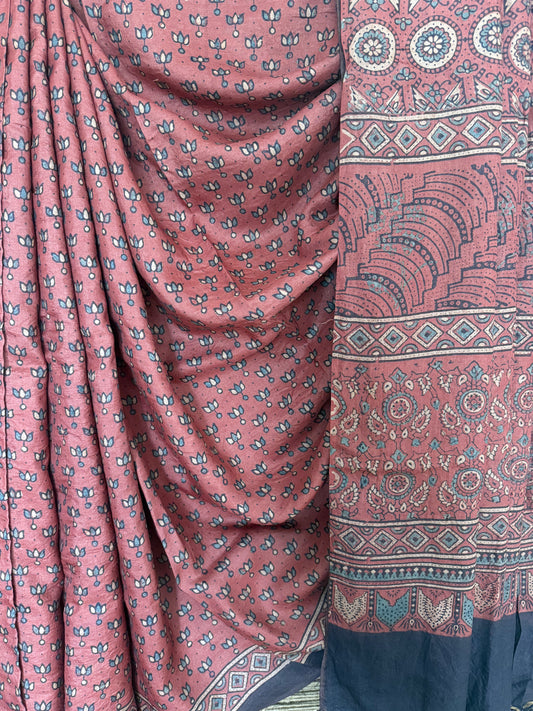 WATERMELON PINK AJRAKH TUSSAR HANDLOOM SILK SARI WITH BORDER TAS 3