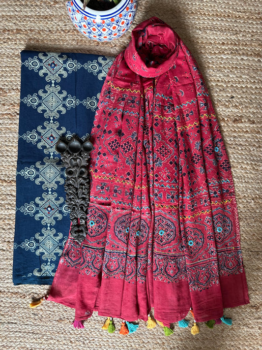 NAVY BLUE AJRAKH HANDBLOCK AND HAND EMBROIDERY KURTA WITH  AJRAKH HAND EMBROIDERY DUPATTA