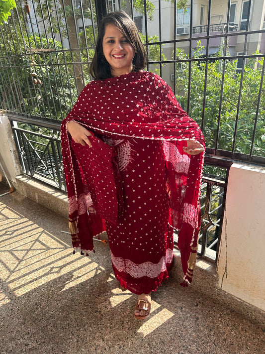 Maroon Silk  bandhani Kurta  with handcrafted Modal Silk bandhani  Dupatta