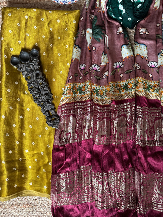 MUSTARD MASHRU KURTA WITH BANDHANI PICHWAI HANDCRAFTED  MODAL SILK DUPATTAS