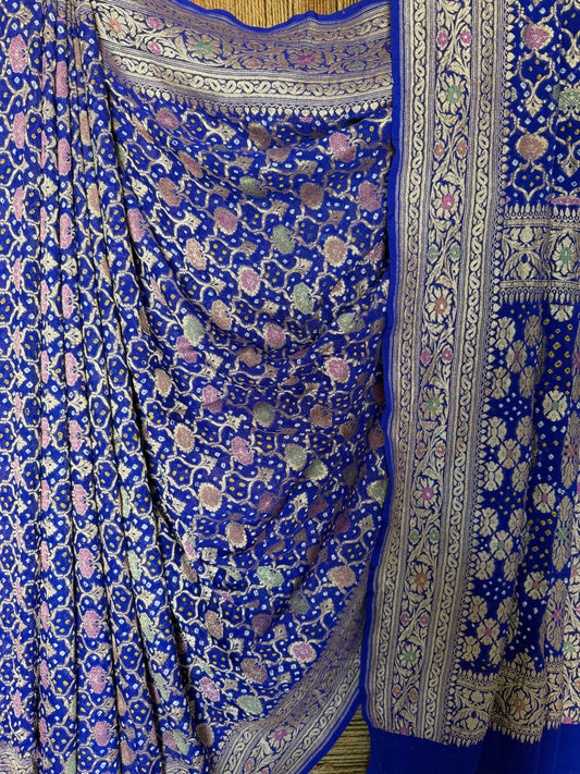 Blue handwoven neem zari bareek bandhani saree with khaddi georgette with meenakari work bs- 14