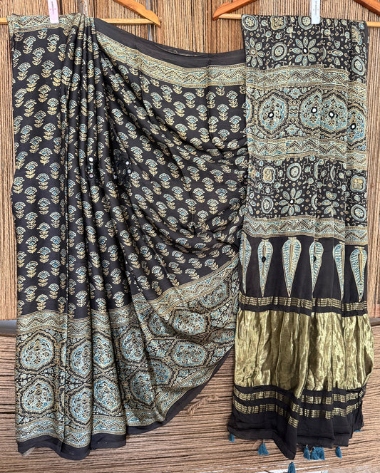 BLACK AJRAKH HANDCRAFTED  MIRROR WORK MODAL SILK SARI