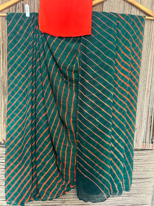 DARK GREEN LEHERIYA CHIFFON SARI CL-1027