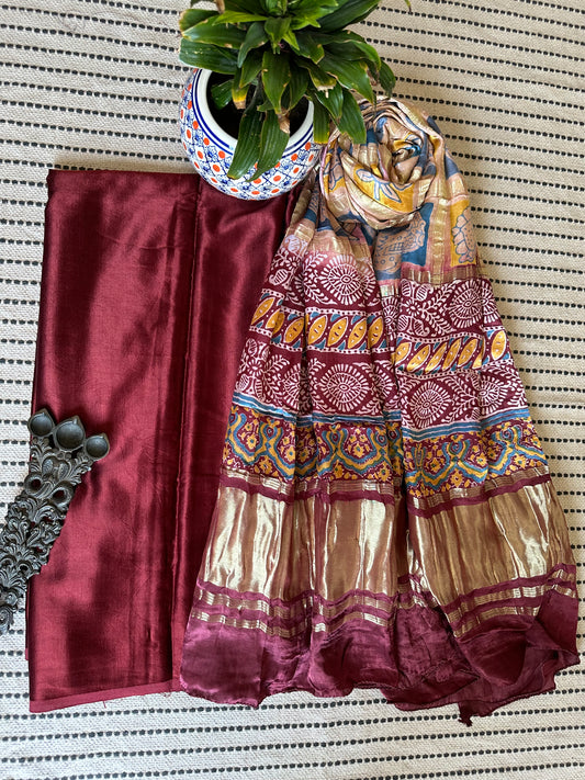 MAROON MASHRU  SILK KURTA WITH GHARCHOLA AJRAKH MODAL SILK DUPATTAS