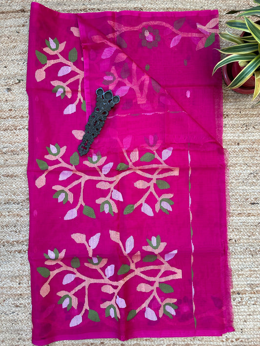 RANI PINK JAMDANI HANDWOVEN PURE MUSLIN SILK SARI