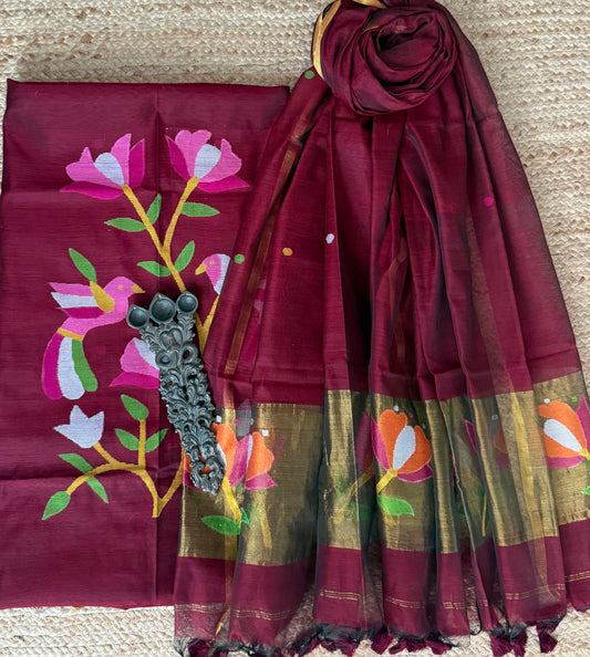 Dark Maroon handwoven jamdani pure cotton silk kurta set mjk