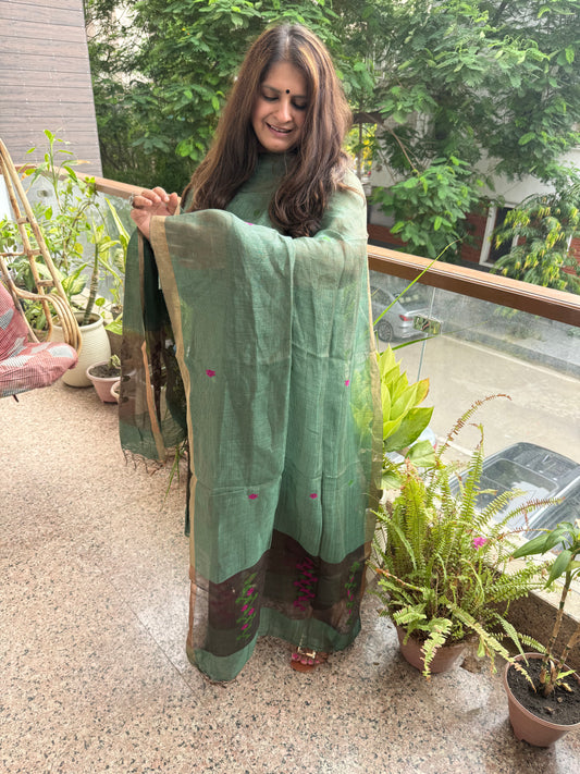 Teal Green Jamdani Tissue linen  Handwoven kurta set
